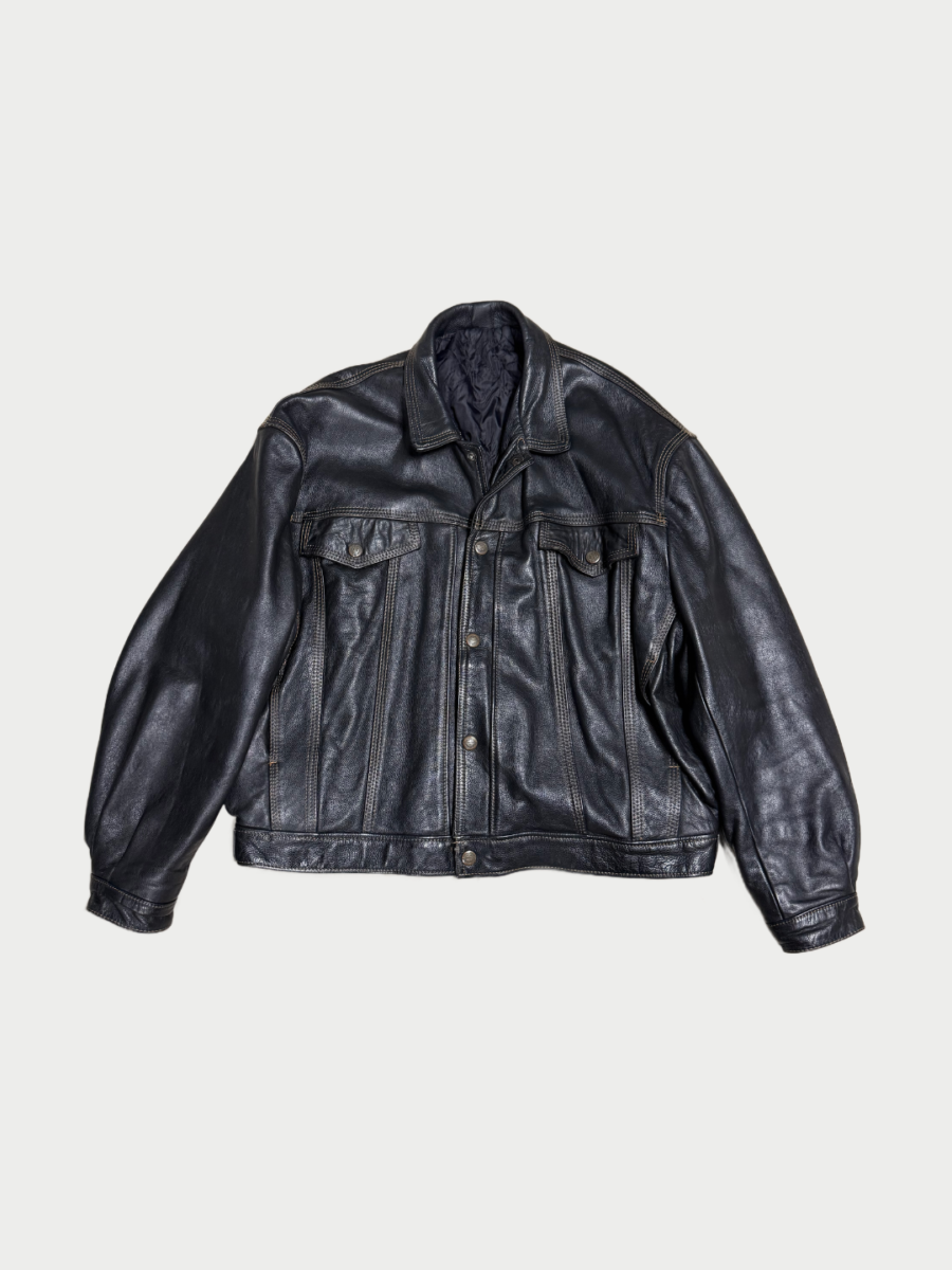 Vintage Oversized Real Leather Denim Look Jacket