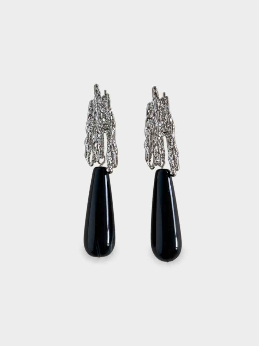 Vera Natural Black Onyx Textured Teardrop Earrings - Silver
